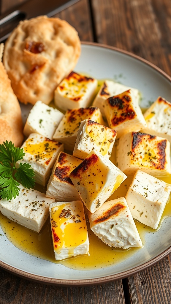 Grilled feta cheese with herbs and olive oil served with pita bread on a rustic table.